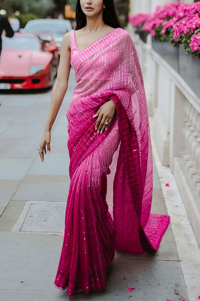 Fuchsia pink ombre linear sequinned sari set