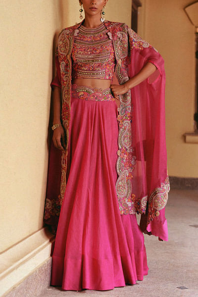 Fuchsia pink paisley embroidered cape set
