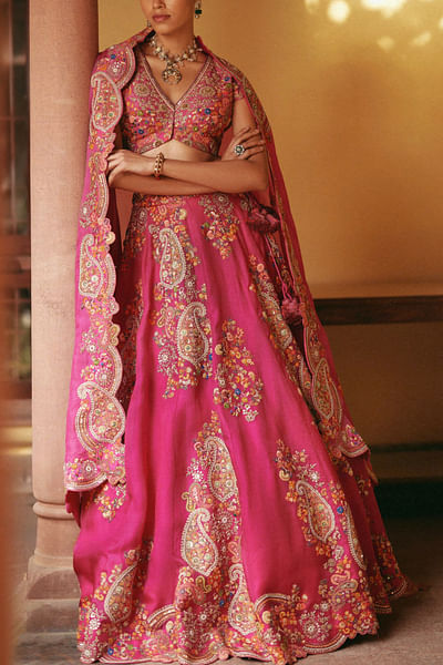 Fuchsia pink paisley embroidered lehenga set