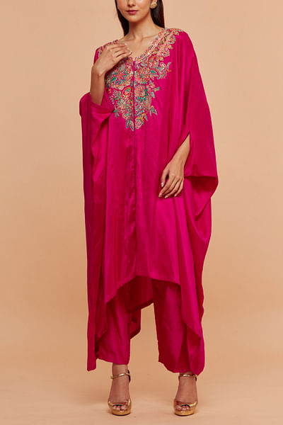 Fuchsia pink paisley embroidery kaftan kurta set