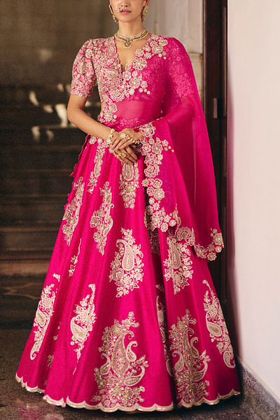 Fuchsia pink paisley embroidery lehenga set