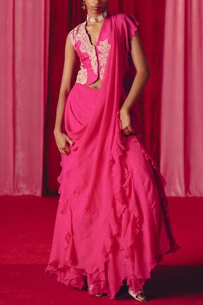 Fuchsia pink ruflled pre-draped sari set