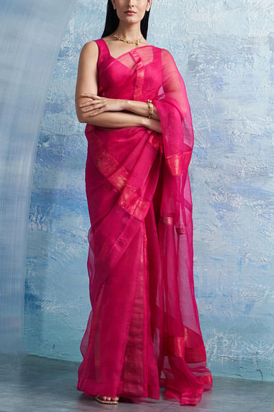 Fuchsia pink shimmery sari set