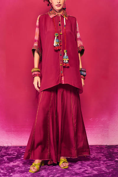 Capisvirleo Fuchsia silk embroidered co-ords CAPNOVD205