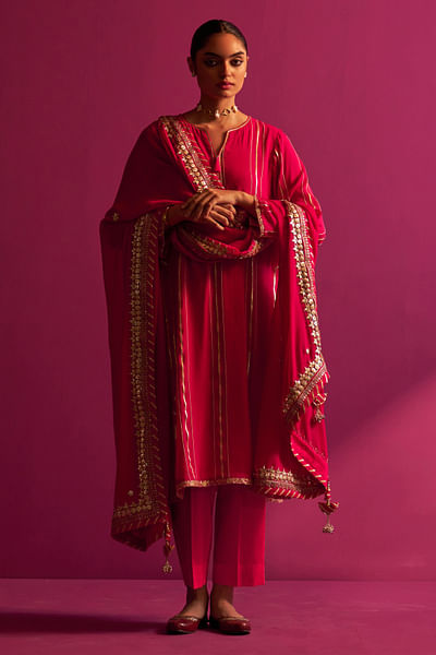 Fuchsia stripe gota embroidered kurta set