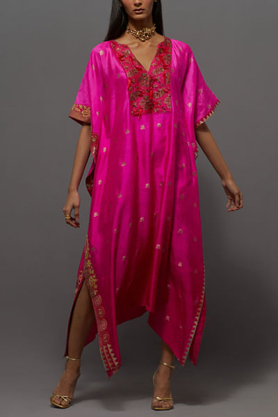 Fuchsia woven and embroidered kaftan