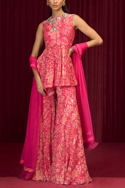 Fucshia floral printed garara set