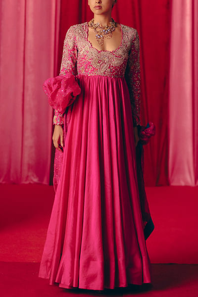 Fuschia pink floral embroidered anarkali set
