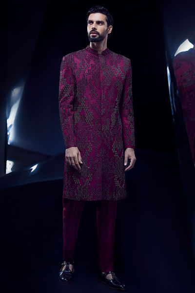 Garnet metallic embellished sherwani set