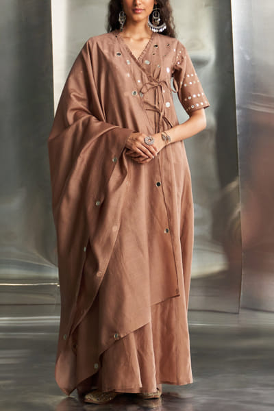 Ginger mirror embroidered angrakha anarkali set