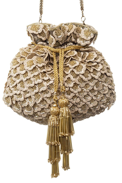 Gold 3D botanical embroidered potli bag