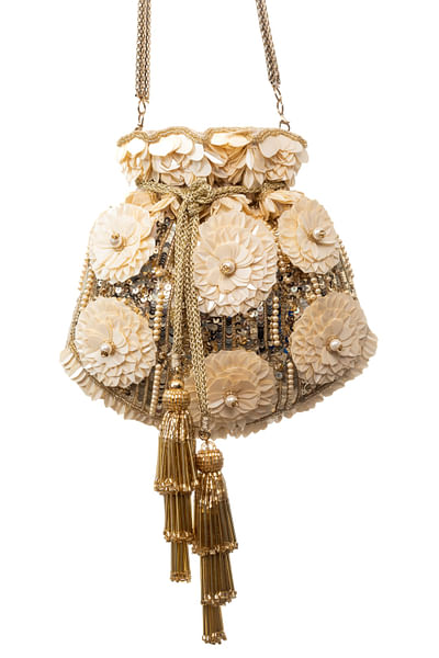 Gold 3D floral sequin embroidered potli bag