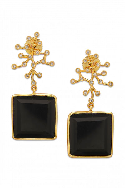 Gold and black onyx and cubic zirconia danglers
