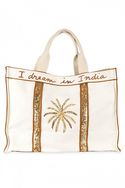 Gold and cream firework sequinned tote bag