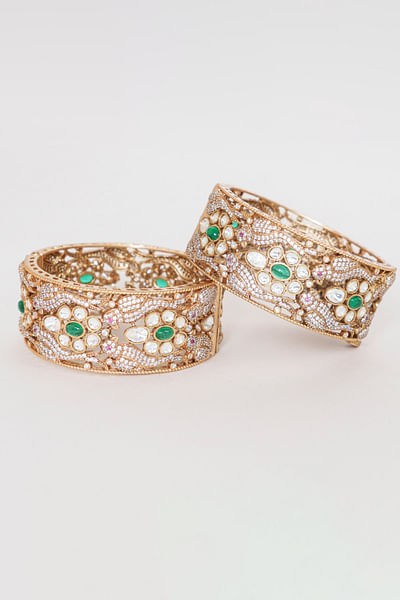 Gold and green bird moissanite kada bangles
