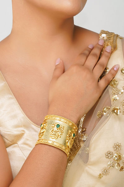 Gold and green chatham stone cuff bracelet
