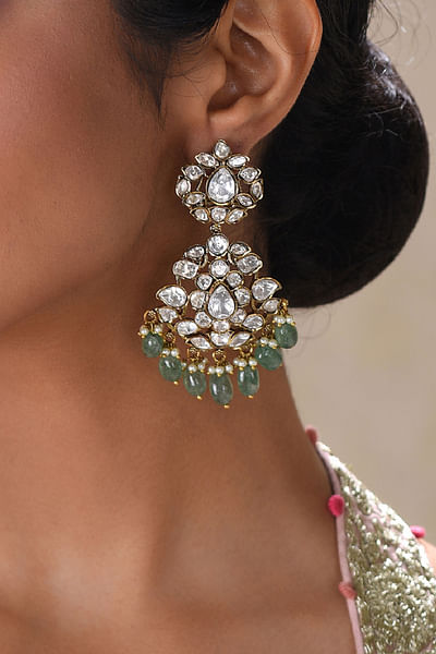 Gold and green polki earrings