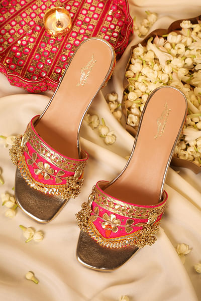 Gold and pink floral gota embroidered heels