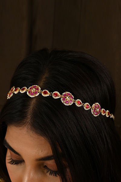 Gold and pink pearl sheeshphool