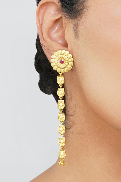 Gold and red chatham stone earrings