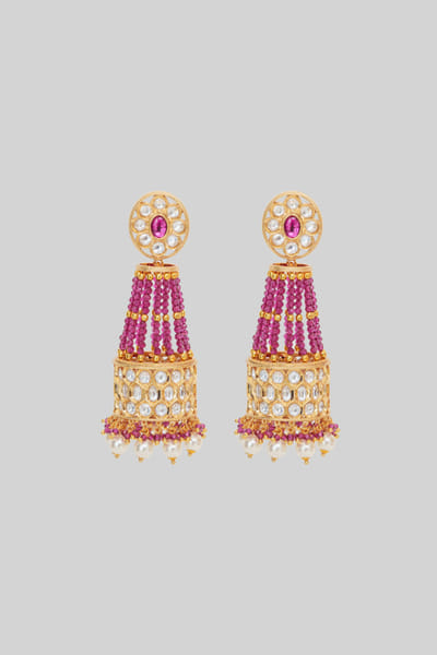 Gold and red kundan polki jhumkas
