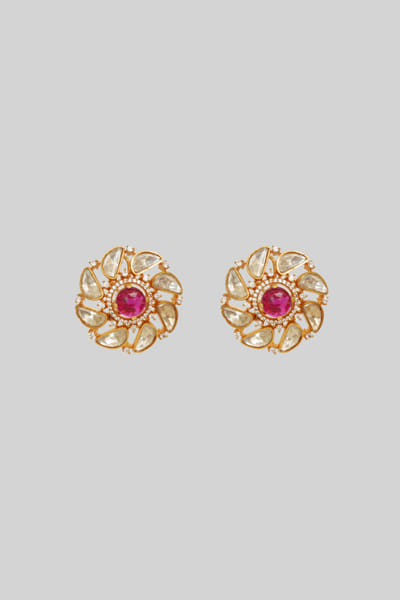 Gold and red moissanite stud earrings