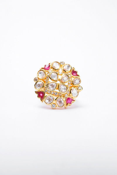 Gold and red stone and moissanite polki ring
