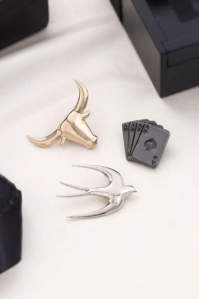 Gold and silver bird and card brooch gift set