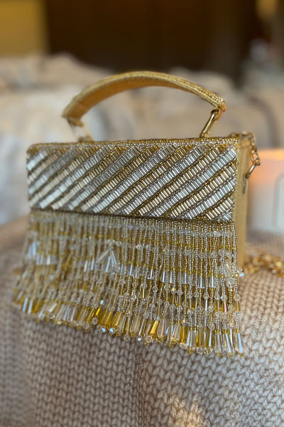 Gold and silver bugle bead tasselled box clutch