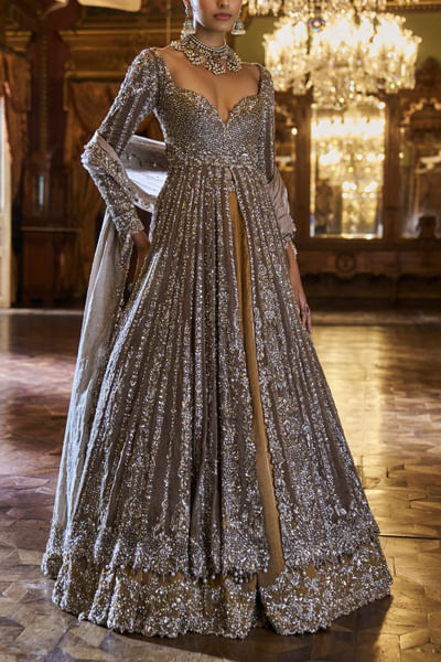Gold and silver embroidered anarkali jacket lehenga set