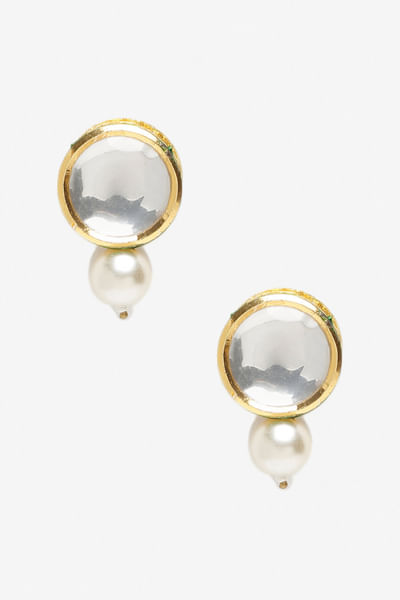 Gold and white faux kundan and pearl earrings