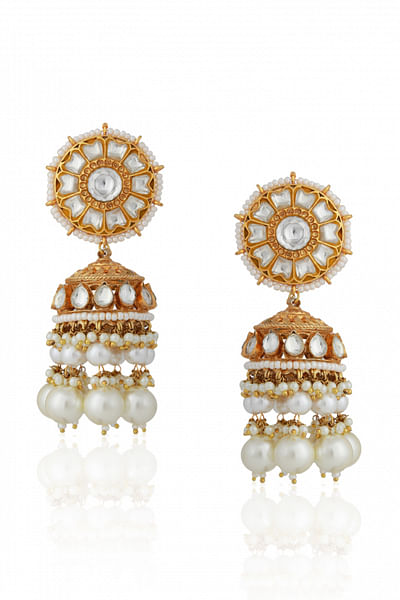 Gold and white jadtar and pearl jhumkas
