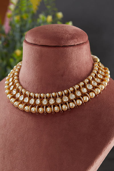 Gold and white moissanite polki necklace
