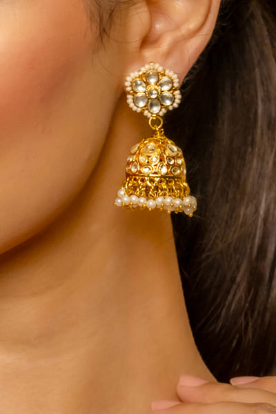 Gold and white pearl and kundan jhumkas