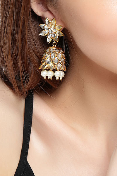 Gold and white pearl jhumkas