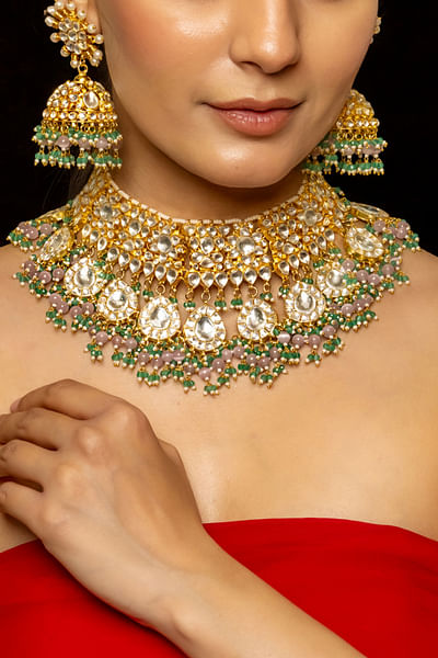 Gold bead kundan pearl necklace set