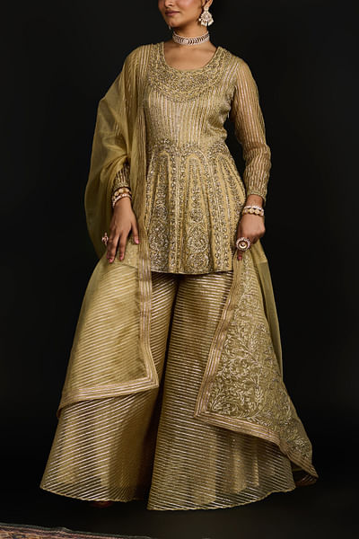 Gold beige embroidered short anarkali set