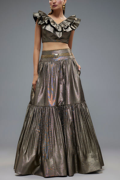 Gold buckle detail tiered lehenga set