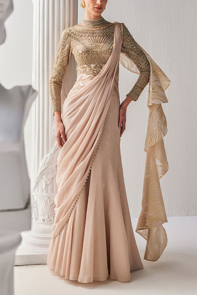 Gold cream zardozi embroidery drape sari gown