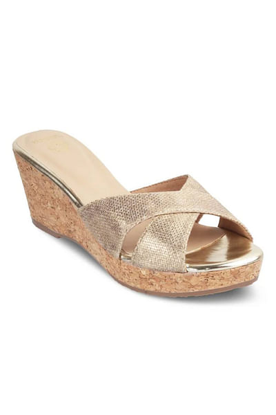 Gold cross straps wedges