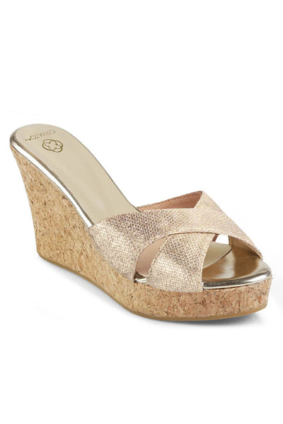 Gold cross straps wedges