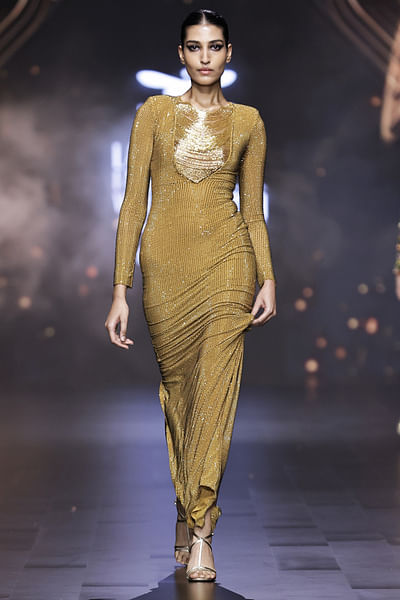 Gold crystal embellished gown