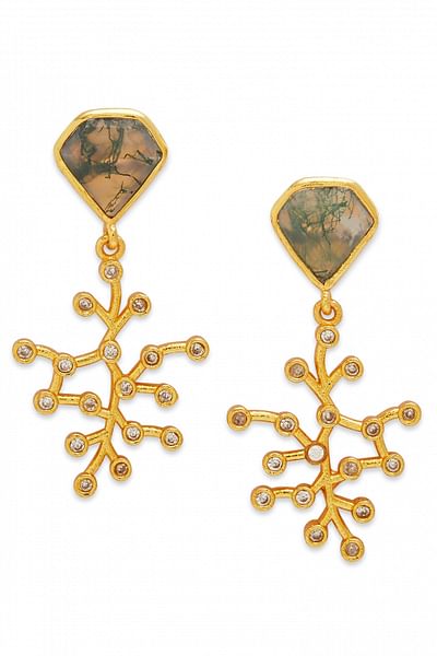 Gold cubic zirconia and moss agate danglers