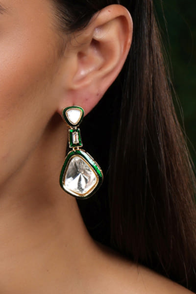 Green kundan meenakari earrings