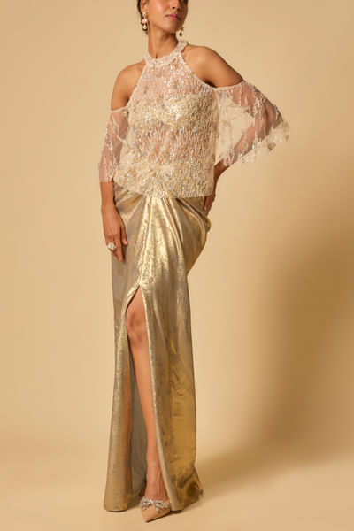 Gold draped skirt set