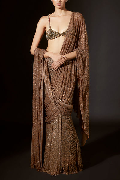 Gold Egyptian crystal pre-stitched sari set