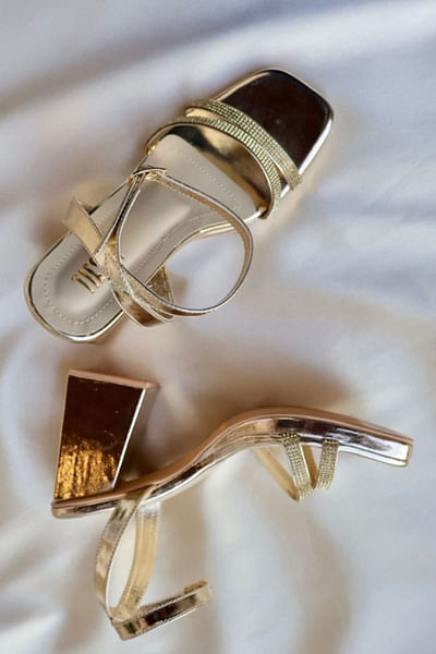 Gold embellished block heels