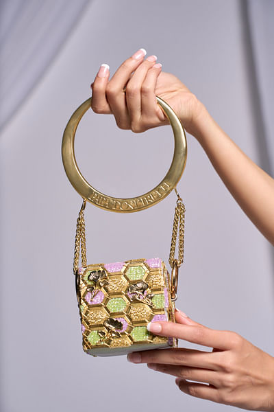 Gold embellished mini cube bag