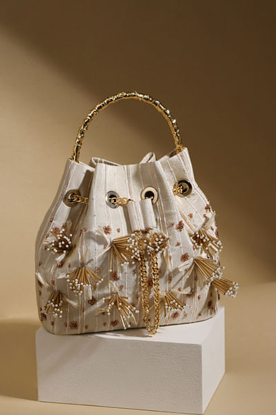 Gold embroidered bucket bag