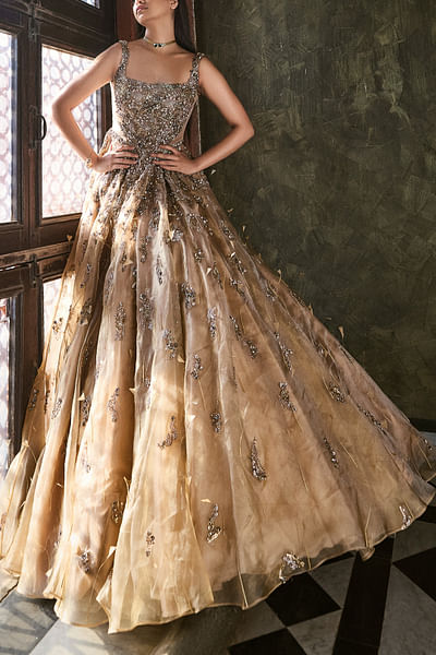 Gold embroidered feather accented gown